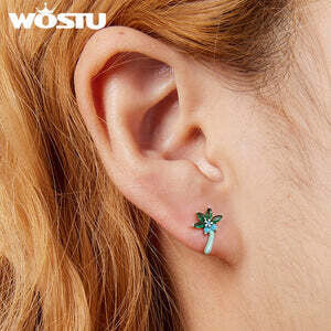 Silver Stud Earrings-Coconut Leaves Green Shaped Earrings