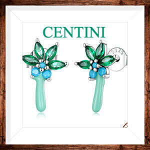 Silver Stud Earrings-Coconut Leaves Green Shaped Earrings