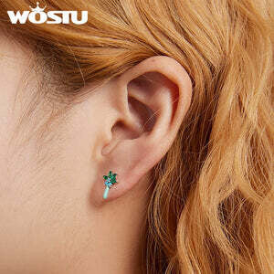 Silver Stud Earrings-Coconut Leaves Green Shaped Earrings