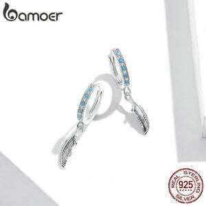 Silver Earrings-Feather Shaped Turquoise Drop Earrings